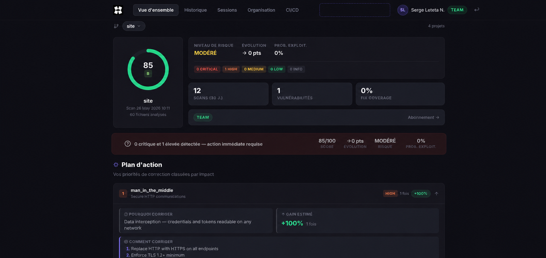 Dashboard Herozion affichant des vulnérabilités SQL détectées